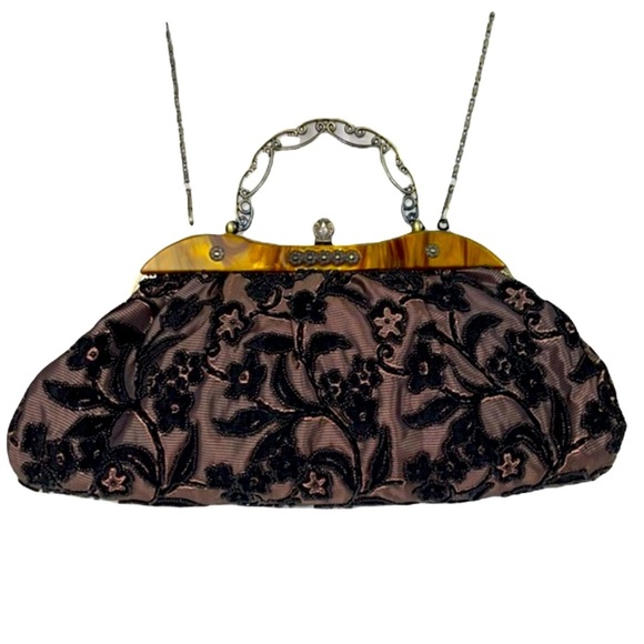 Vintage Inspired Black Gold Beaded Handbag Purse - Picture 1 of 17